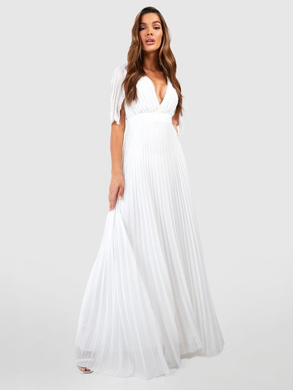 NWT Boohoo White Pleated Cape Detail Bridesmaid Maxi Dress US10